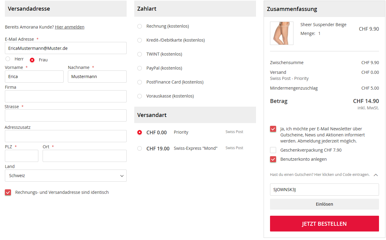 Amorana Bestellvorgang mit Rabattcode