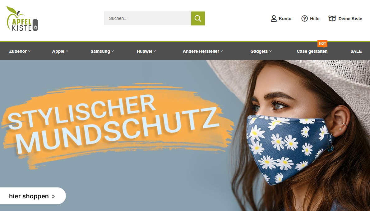 Apfelkiste Startseite mit stylischem Mundschutz