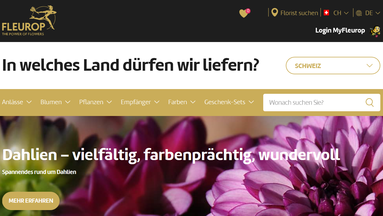 Fleurop Startseite und Kategorien