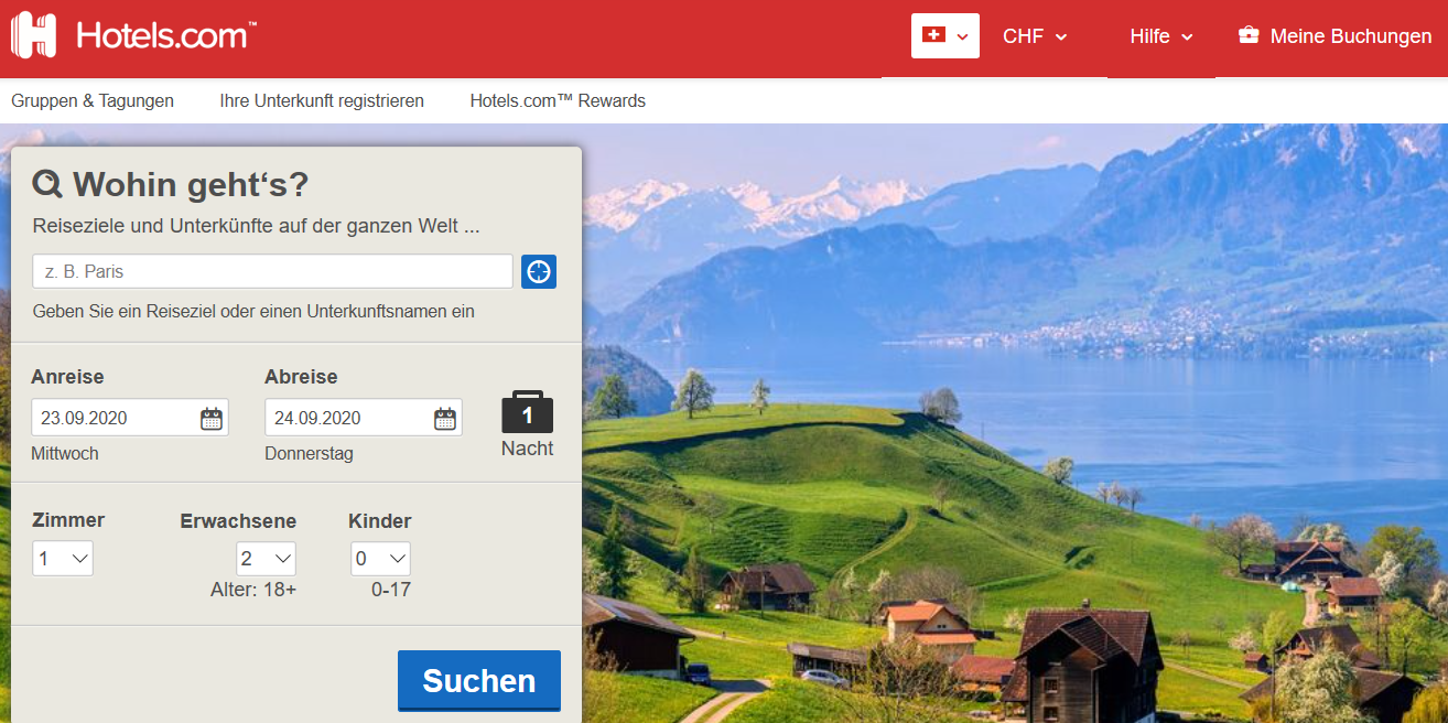 Die Startseite von Hotels.com