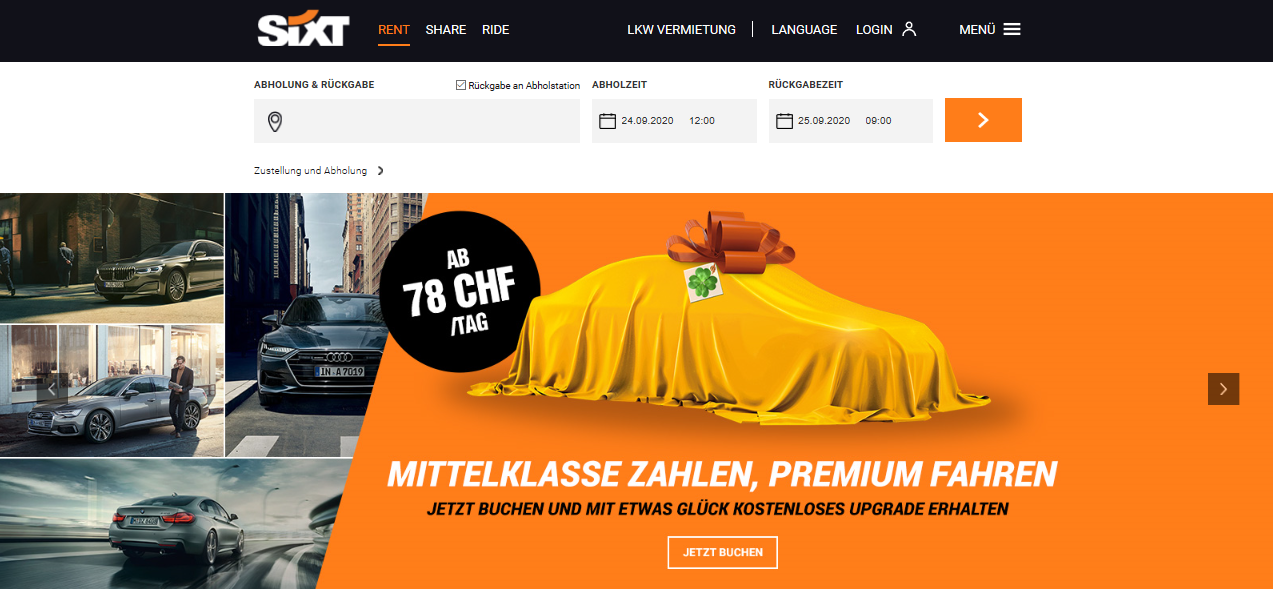 Die Startseite von Sixt
