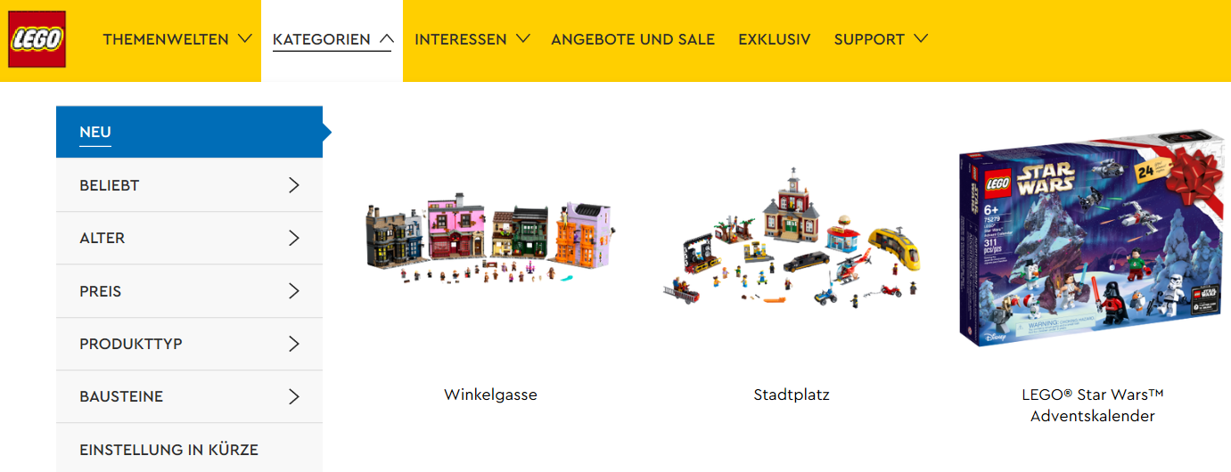 Die Lego Startseite und ihre Kategorien