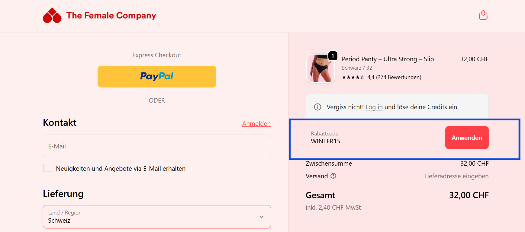 The Female Company Rabattcode eingeben und mit Cashback von rewardo.ch doppelt sparen