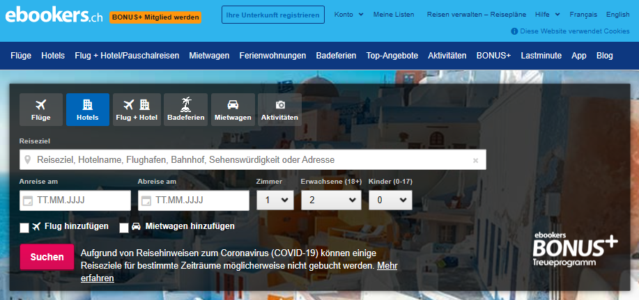 Die Startseite von ebookers